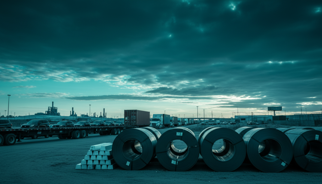 Contenedores y transporte industrial en un cruce comercial entre México y Estados Unidos.